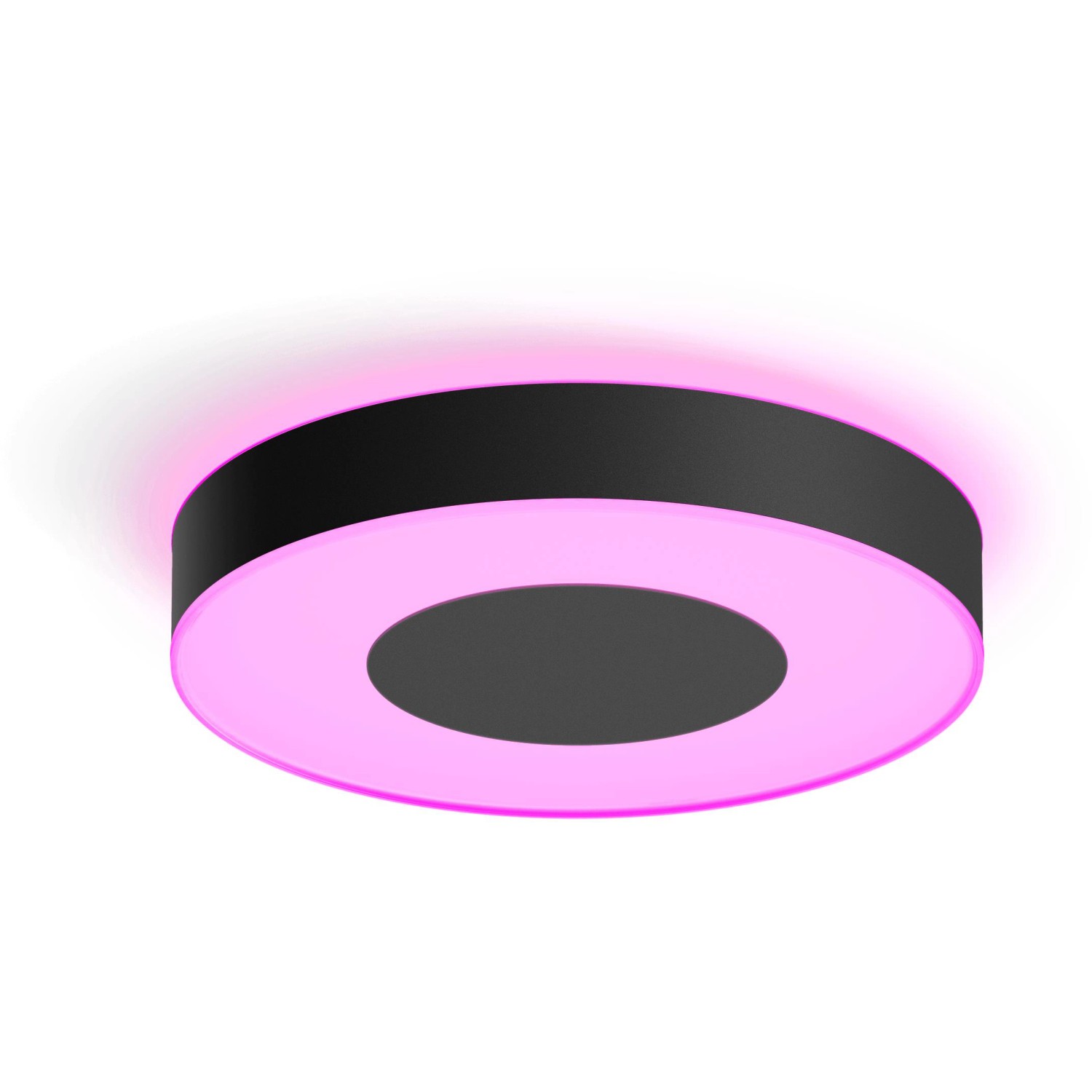 Schwarze Philips Hue Infuse L Deckenleuchte mit farbiger Ambiente-Beleuchtung.