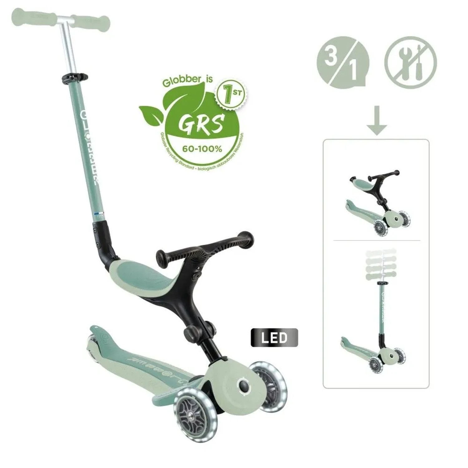 Pistazienfarbenes Globber Go-Up Active Lights 3-in-1 Kinderfahrzeug als Dreirad/Laufrad mit LED-Rädern & Scooter-Option.