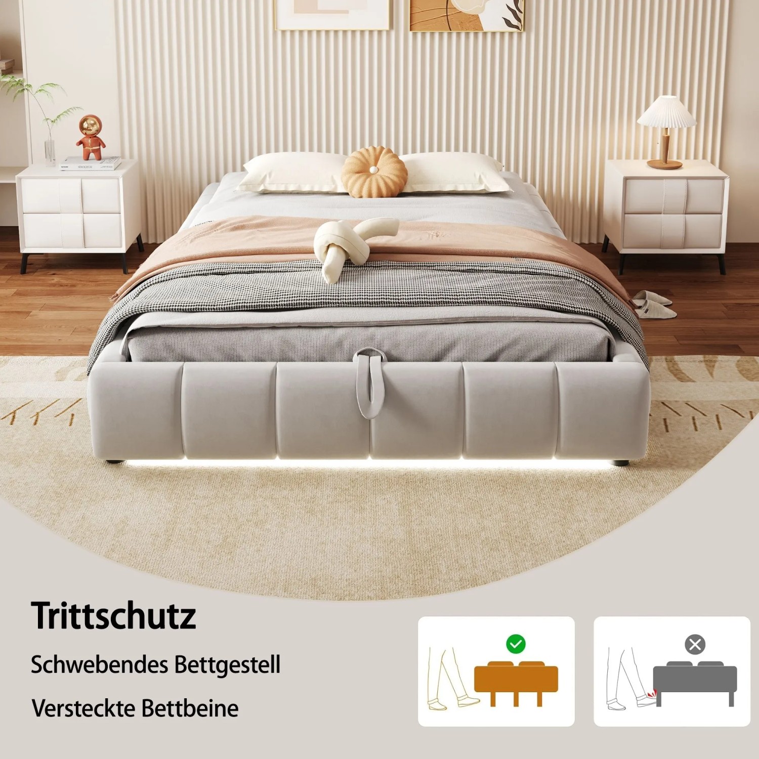 okwish Polsterbett 140x200cm mit LED Beleuchtung und Stauraum Beige ohne Matratze_3
