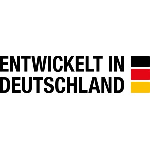 Logo: Gardena Hauswasserwerk – Entwickelt in Deutschland mit deutscher Flagge.