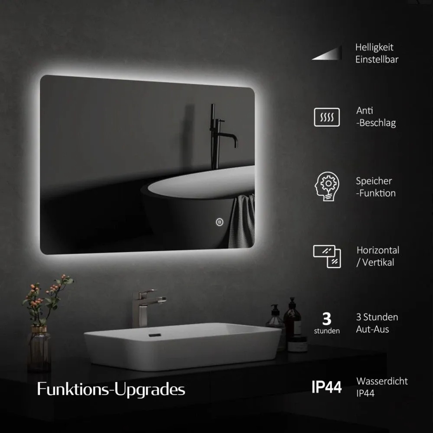 Emke LED Badspiegel 80x60 cm mit Antibeschlag, Touch-Schalter, kaltweißer Beleuchtung und IP44 in modernem Bad.