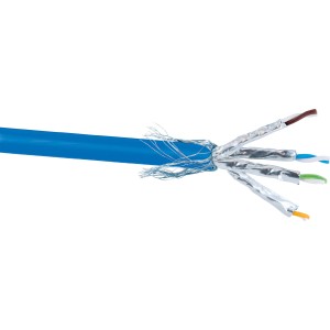 Blaues Schwaiger CAT 8.1 Netzwerkkabel (S/FTP) 25m, unkonfektioniert, mit offener Abschirmung.
