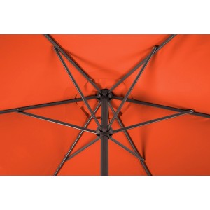Detailaufnahme des Schneider Marktschirms Bergamo in Terracotta, Blick von unten auf das Gestell.