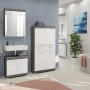 4-teilige Badkombination in Weiß und Rauchsilber mit Spiegelschrank, Waschbeckenunterschrank, Hoch- und Midischrank.