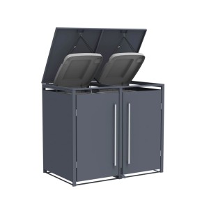 Anthrazitfarbene Westmann Mülltonnenbox Pedura aus Metall für 2 Mülltonnen, Deckel geöffnet, mit Fußpedal.