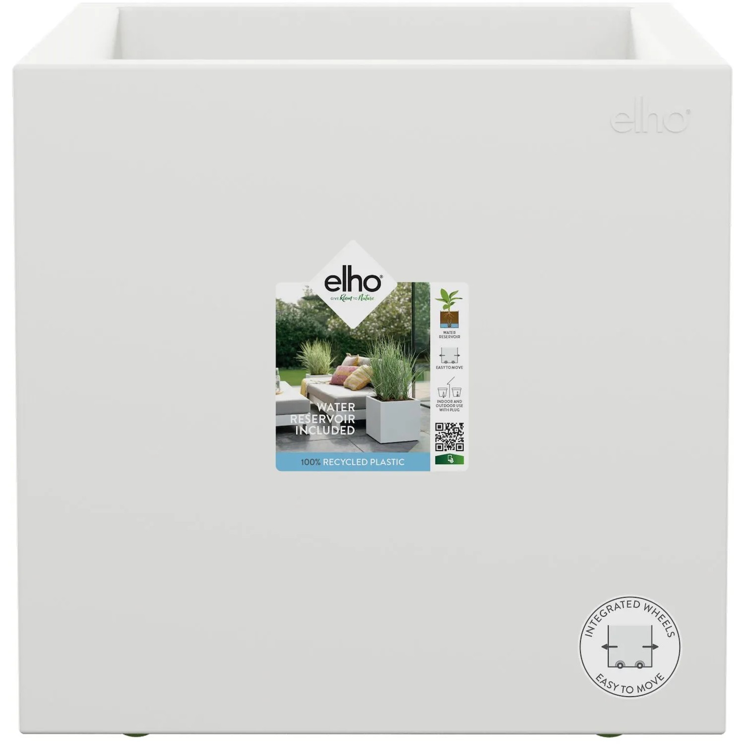 Weißer Elho Pflanztopf Vivo Next 40 cm mit Rollen, quadratischer Blumenkübel für den Außenbereich.