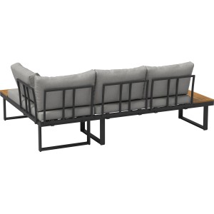 3-teiliges Lounge-Set Lipson aus Akazienholz und grauem Aluminium. Gartenmöbel mit grauen Kissen.