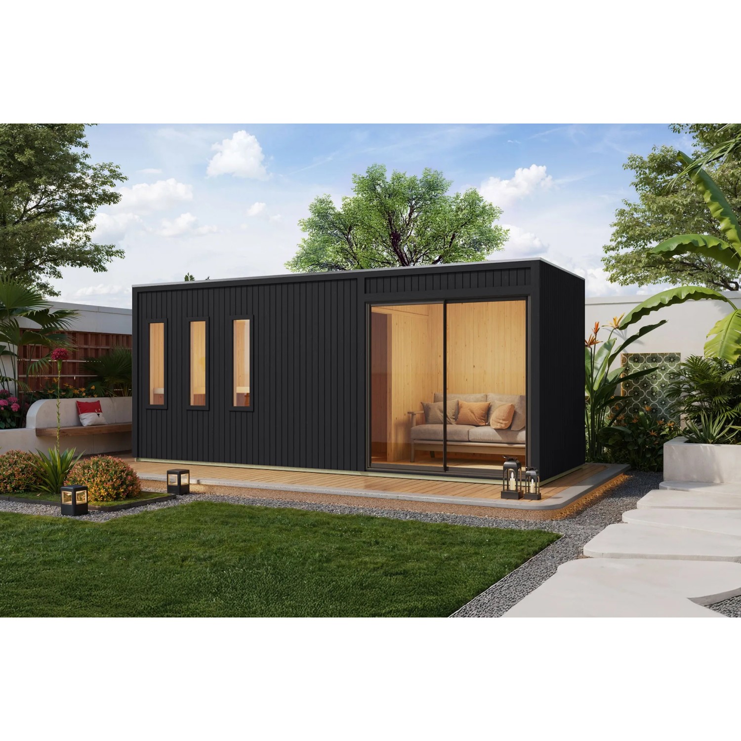 Schwarzes Karibu Saunahaus "Huelva" mit Vorraum, Glasfront und 9 kW Bio Ofen im Garten.