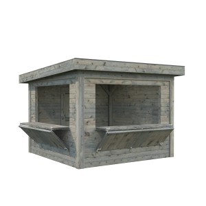 Grau tauchgrundierter Palmako Marktstand Lenna Set 305 aus Holz mit Verkaufsklappen.