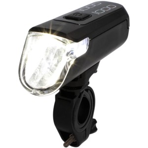 Fischer Akku-LED Fahrradlampe Twin, schwarzes Gehäuse, mit Halterung.