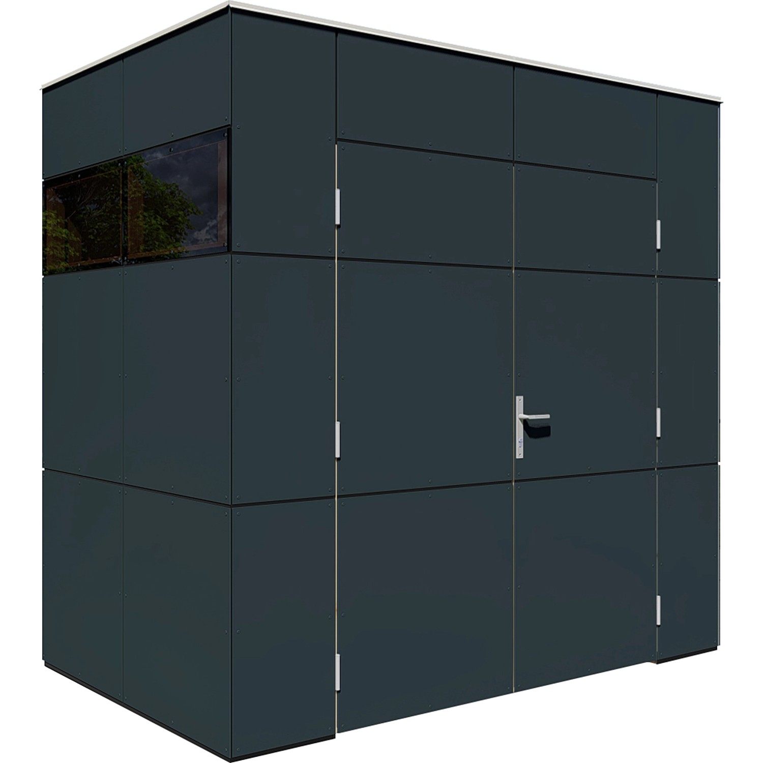 Modernes, anthrazitfarbenes Bertilo Gartenhaus HPL Mini mit Fenster und Tür.