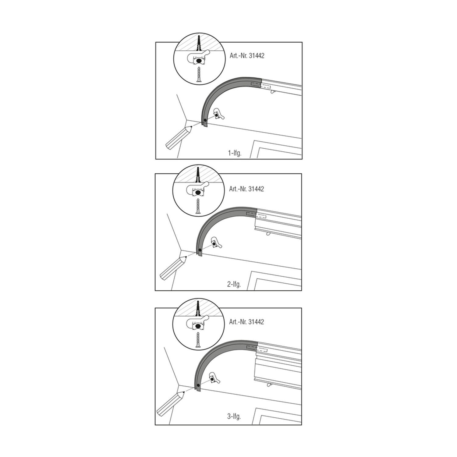 Montage einer weißen Gardinia Rundbogen Vorhangschiene, 1-läufig, in drei Schritten dargestellt.