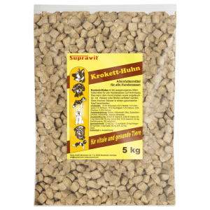 Supravit Hundetrockenfutter mit Huhn und Mais, 5 kg. Helle Kroketten in transparenter Verpackung für alle Hunderassen.