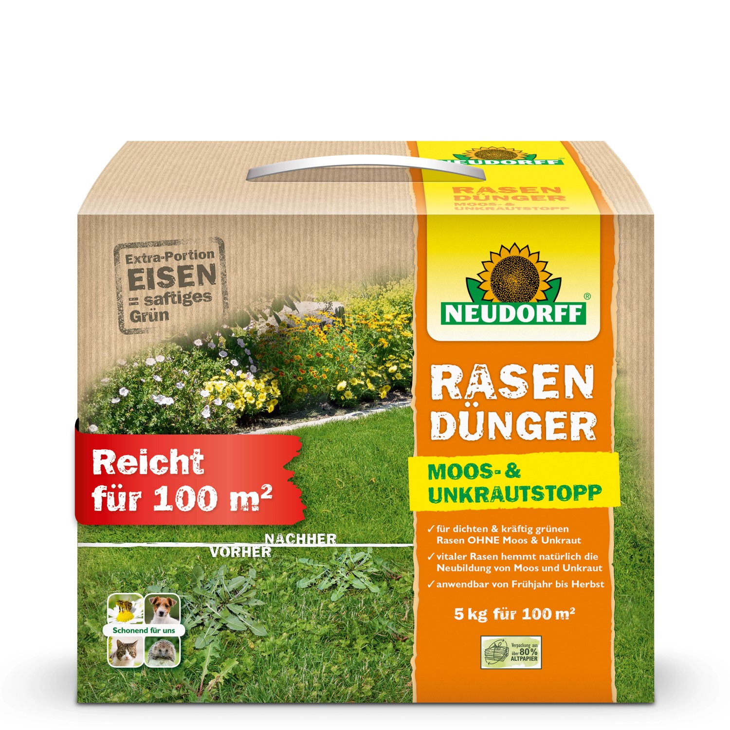 Neudorff Rasendünger Moos- und Unkrautstopp 5kg für dichten, grünen Rasen ohne Unkraut.
