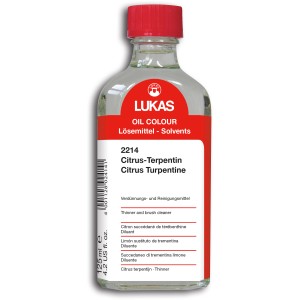 Lukas Citrus-Terpentin, 125 ml Malmittel für Ölmalerei in Klarglasflasche mit rotem Deckel.