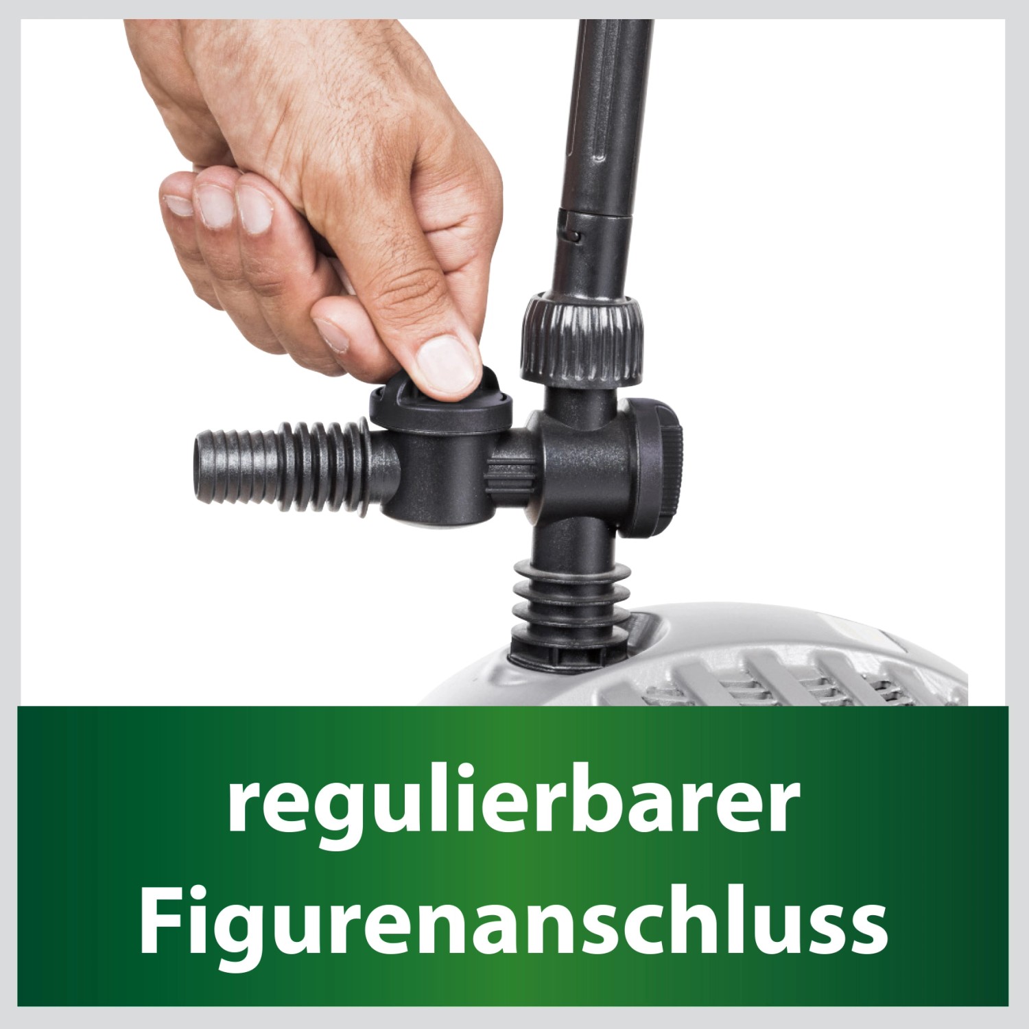 Detailaufnahme: Hand reguliert Heissner Teichpumpen-Set Aqua Jet Eco Wasserspielaufsatz.