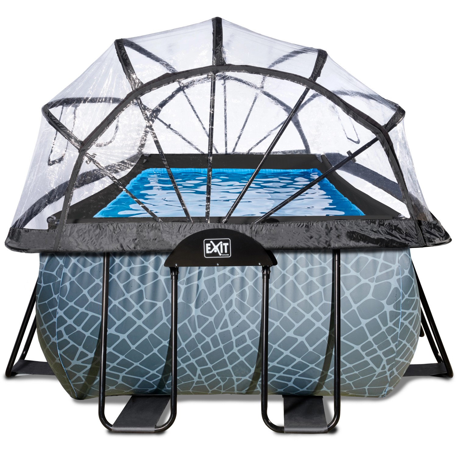 EXIT Stone Pool 400x200 mit Abdeckung und Wärmepumpe. Stahlrahmenpool mit Steinmuster.