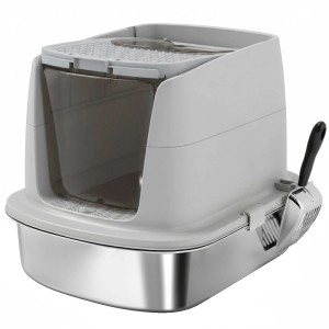 Hellgraue PawHut Katzentoilette aus Edelstahl und Kunststoff mit Deckel, Sandfang und Schaufel.