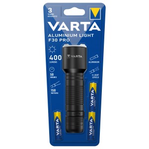 Varta Aluminium Light F30 Pro Taschenlampe mit Batterien in Verpackung.