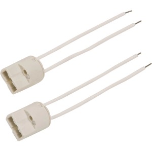 Zwei weiße G9 Lampenfassungen aus Keramik für Hochvolt-Halogenleuchtmittel mit Kabel.