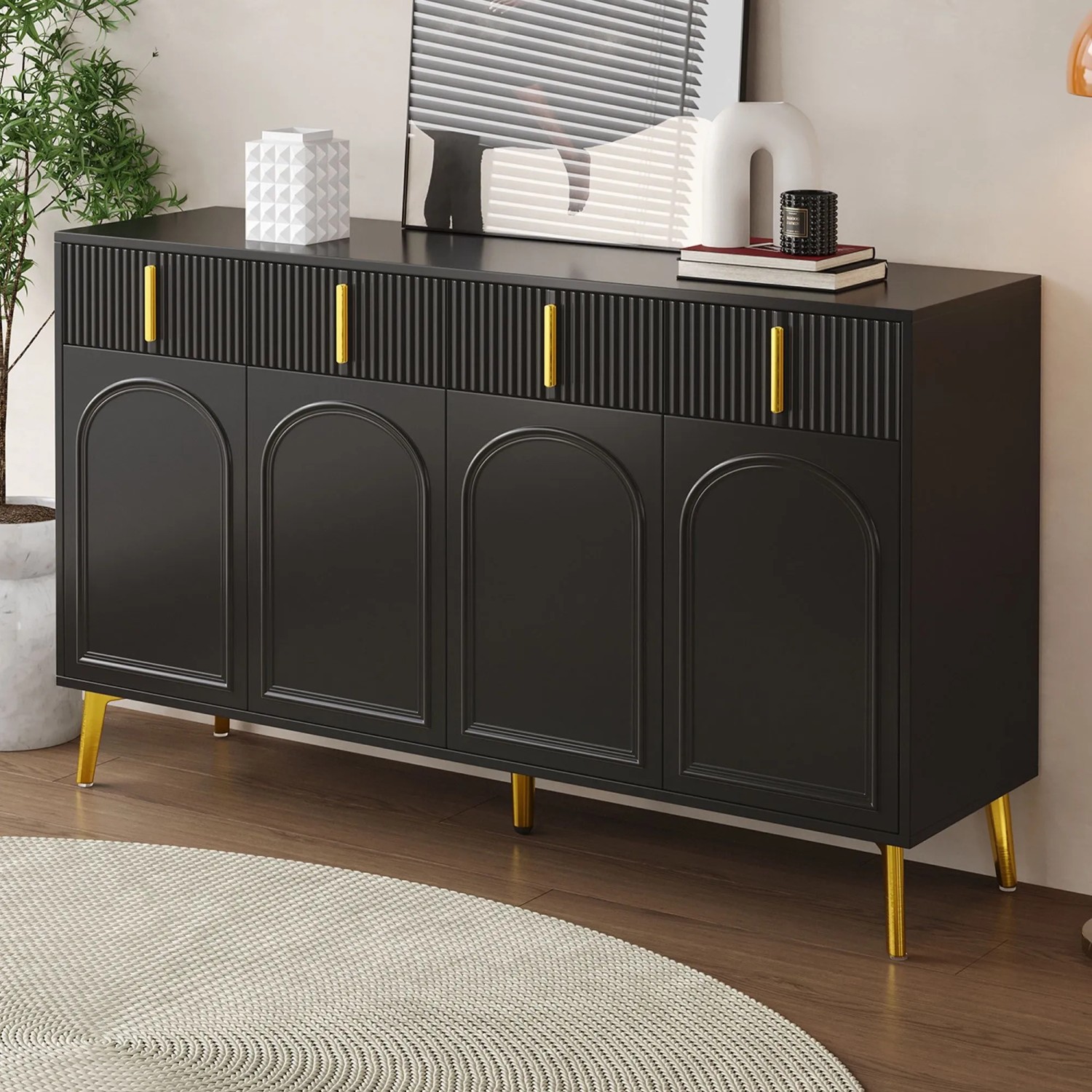 okwish Sideboard mit 4 Türen 4 Schubladen Goldgriffen Wohnzimmer Esszimmer 140x38x82cm Schwarz_2