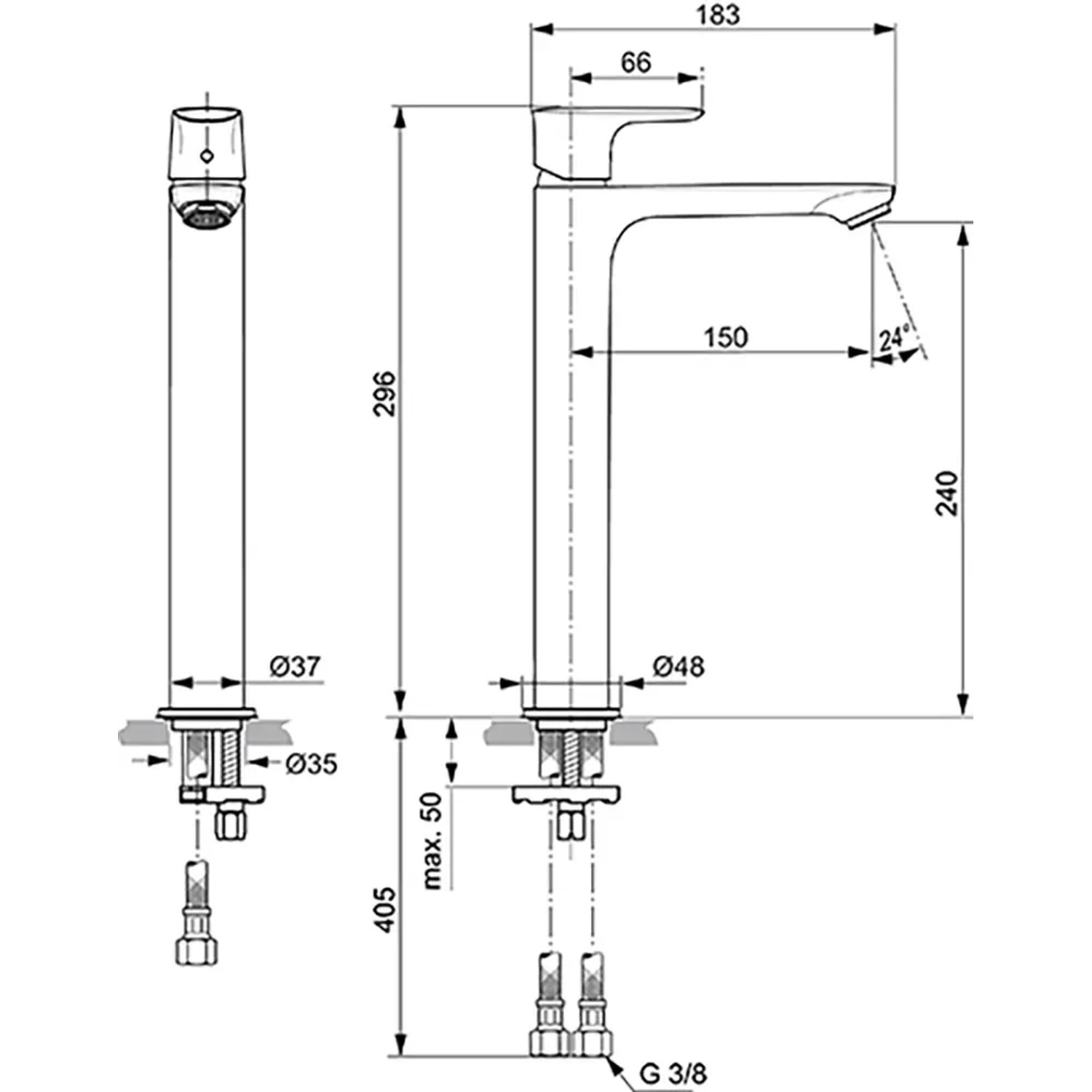 Technische Zeichnung: Ideal Standard Connect Air Waschtischarmatur mit Maßen und Details zum verlängerten Sockel.