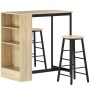 3-teiliges Bartisch-Set Eiche/Schwarz mit integriertem Regal und 2 Barhockern. Platzsparend für Küche & Esszimmer.