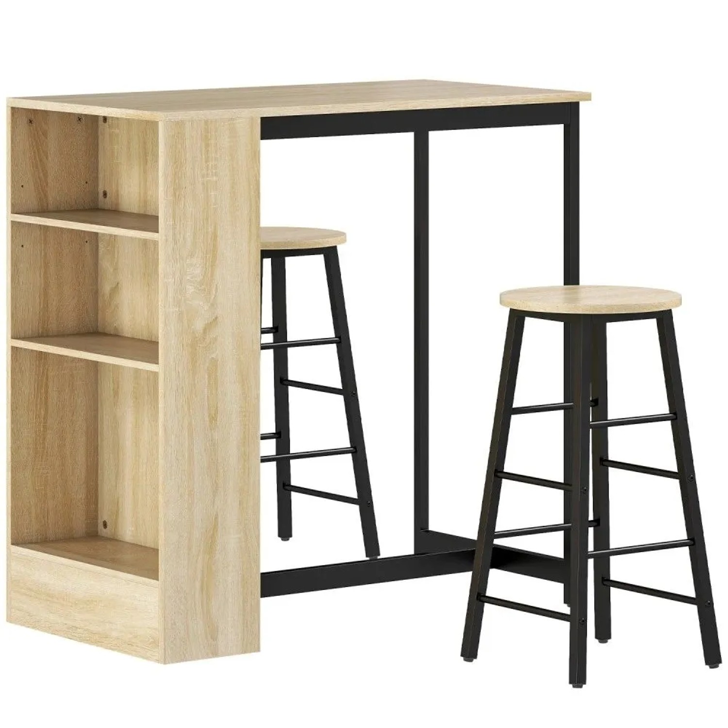 3-teiliges Bartisch-Set Eiche/Schwarz mit integriertem Regal und 2 Barhockern. Platzsparend für Küche & Esszimmer.