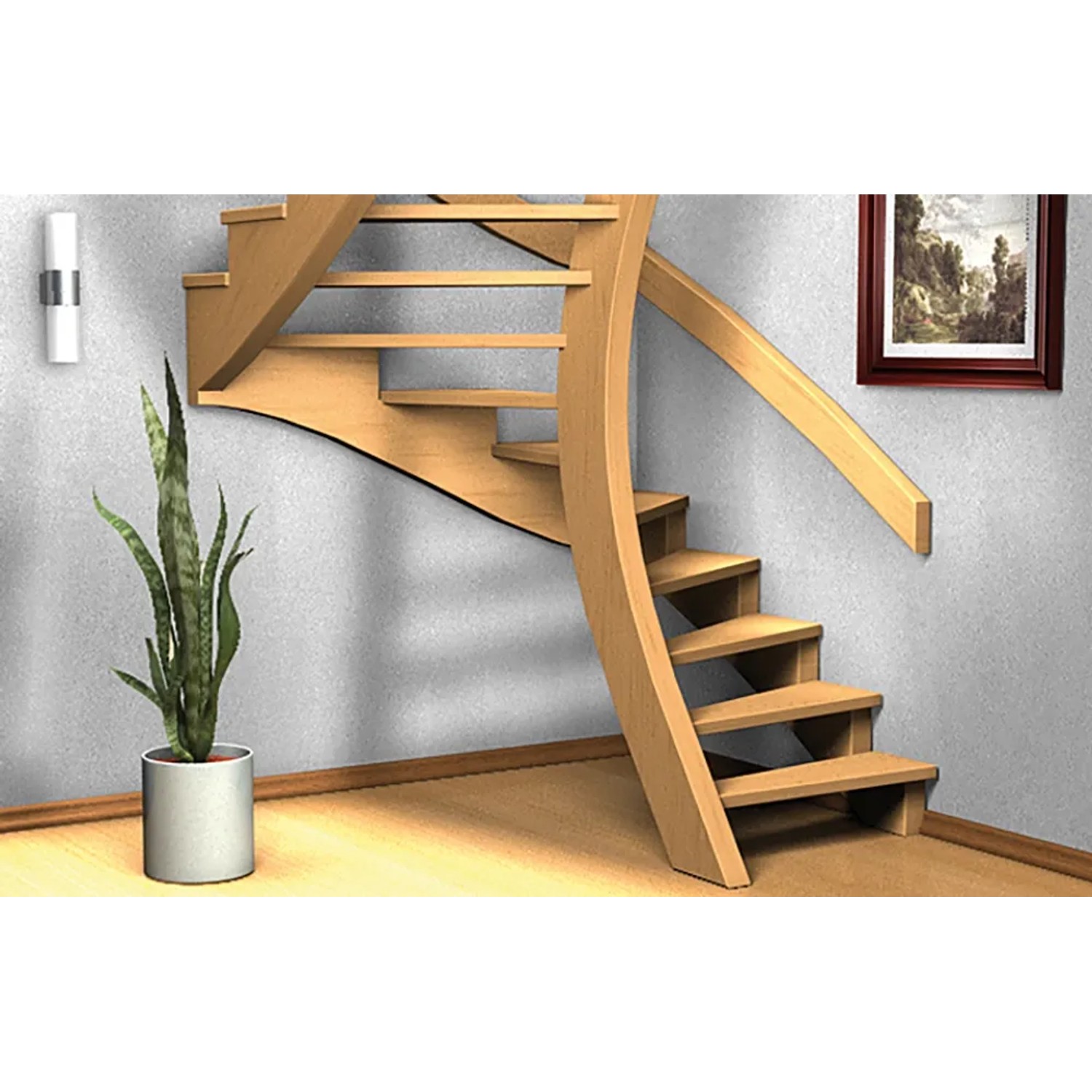 Wendeltreppe aus hellem Holz mit Geländer, Zimmerpflanze und Wandbild im Hintergrund.