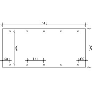 Skizze Skan Holz Carport Spreewald, 345x741cm, rote Blende, Nussbaum, mit Maßangaben.