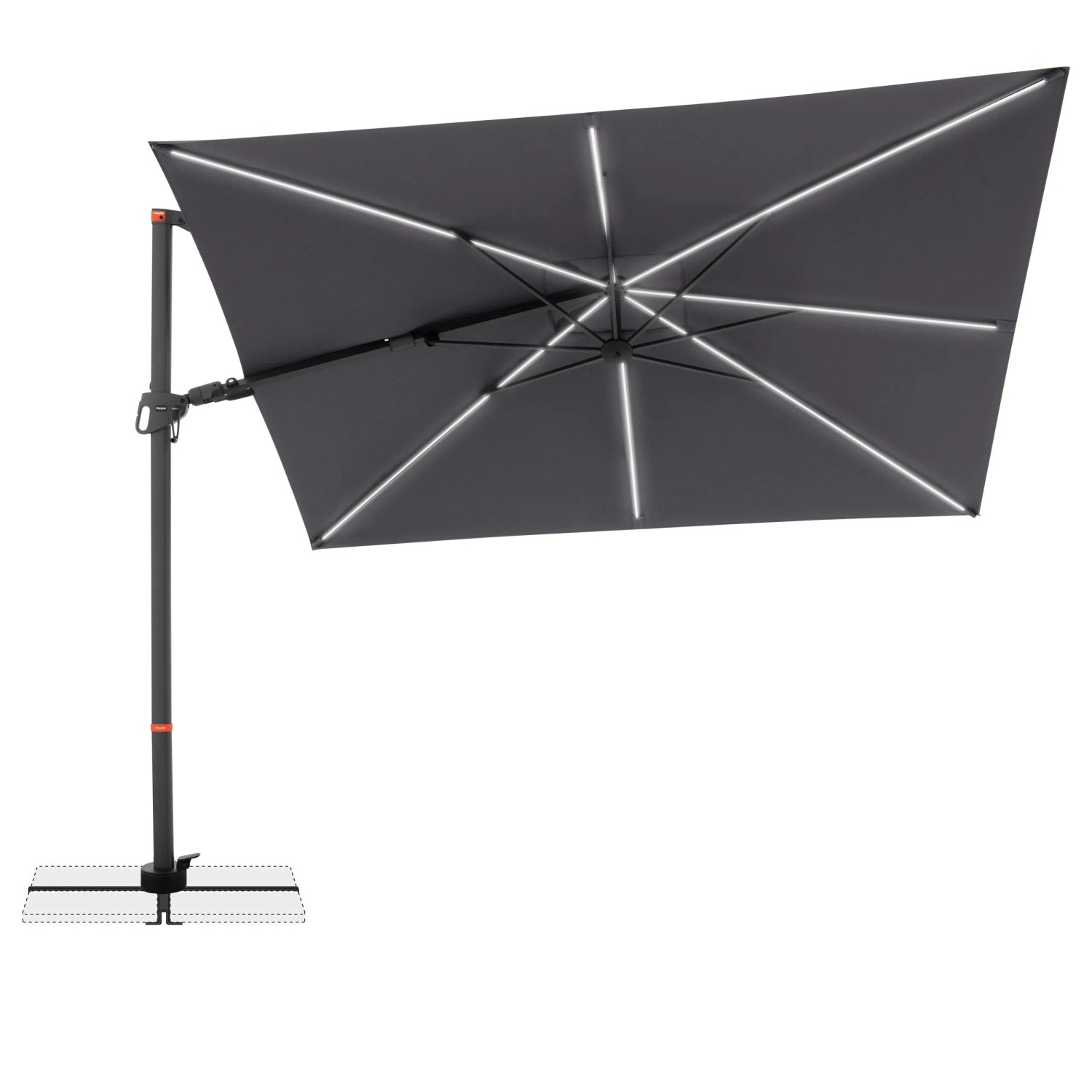 Anthrazitfarbener Doppler Ampelschirm 300x220 cm mit LED-Beleuchtung, Dreh- & Neigungsfunktion. Rechteckiger Sonnenschirm.