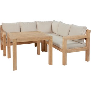 4-teiliges Lounge-Set Morenci mit Esstisch aus Akazienholz und Polstern in Taupe.