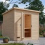 Karibu Saunahaus Arvi 3 Set mit 9 kW Ofen, naturbelassen, mit geöffneter Tür im Garten.