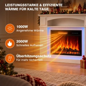 HOMAVO Elektrokamin mit realistischen Flammen, blauer LED-Beleuchtung und sichtbarer Heizfunktion (1000W/2000W). Überhitzungsschutz.