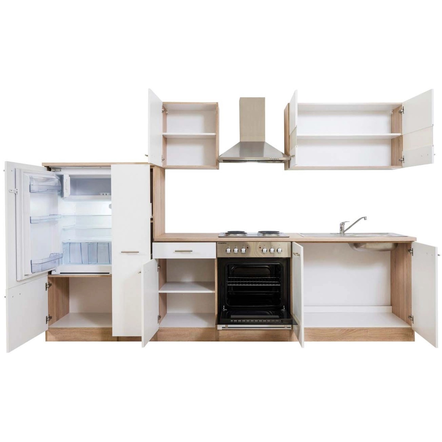 Respekta Küchenzeile 300 cm in Weiß und Eiche Sägerau ohne E-Geräte.