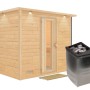 Karibu Sauna Sarina mit Ofen und integrierter Steuerung, LED-Dachkranz aus naturbelassener Fichte.
