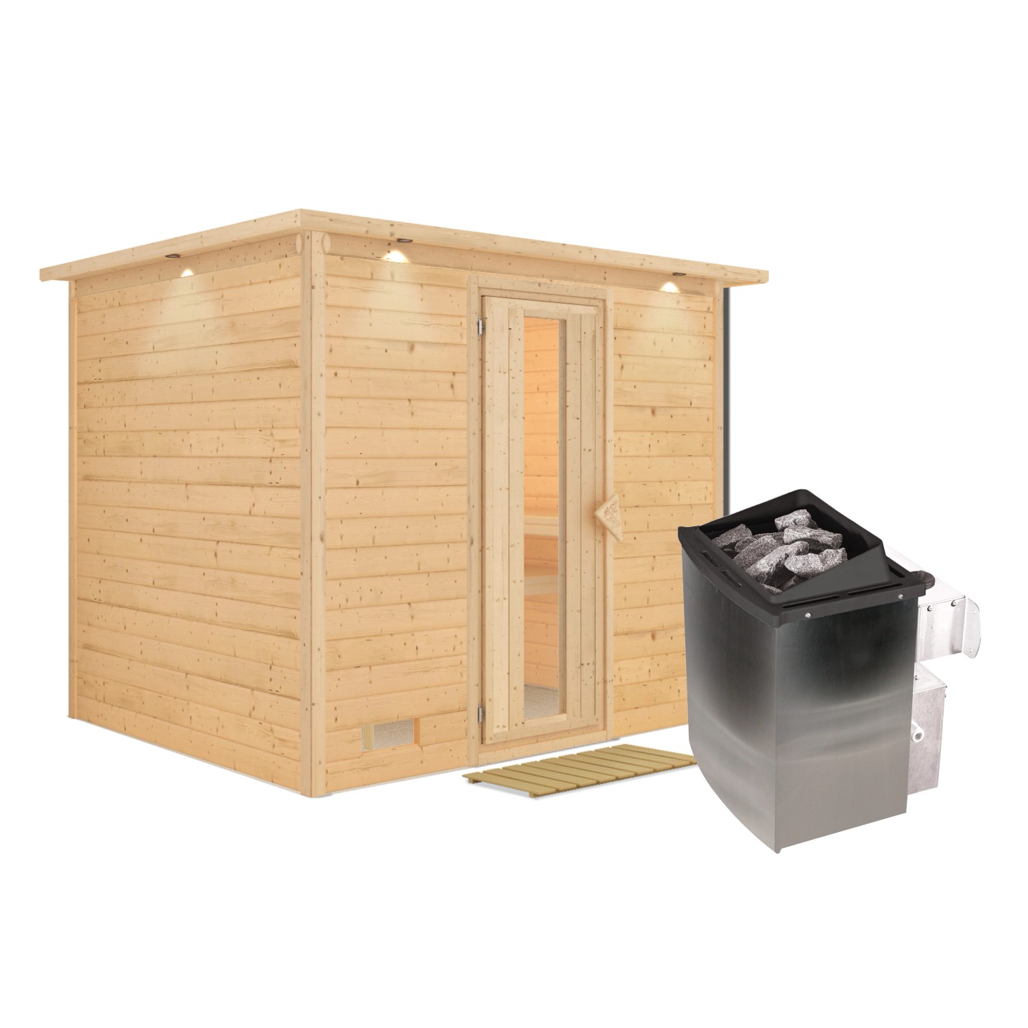 Karibu Sauna Sarina mit Ofen und integrierter Steuerung, LED-Dachkranz aus naturbelassener Fichte.