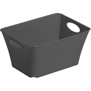 Graue Rotho Living Aufbewahrungsbox 1,5 l mit Griffen für Ordnung im Haushalt.