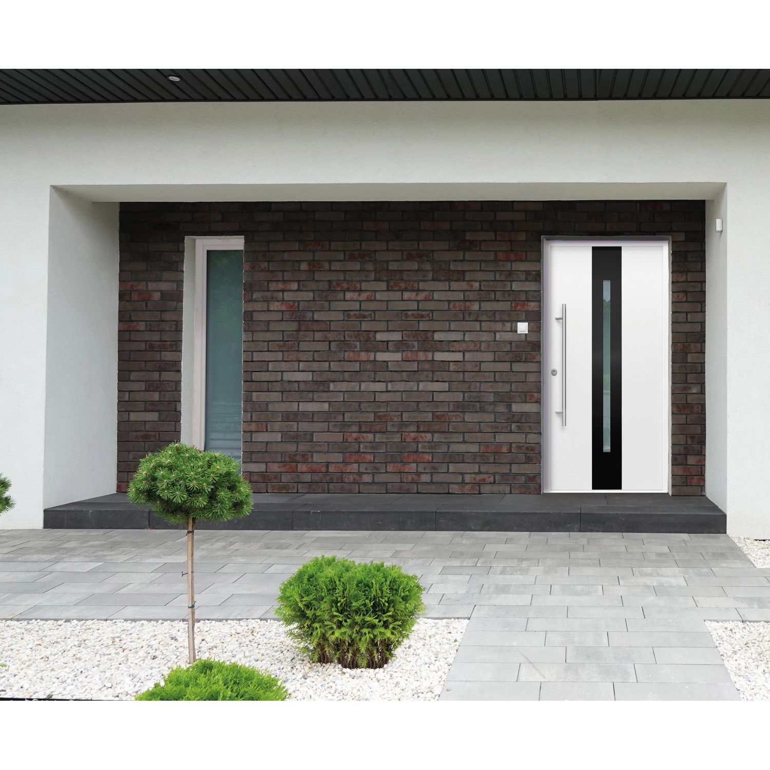 Weiße Sicherheits-Haustür ThermoSpace Dublin RC2 mit Glaseinsatz und Edelstahlgriff, 100x210 cm.