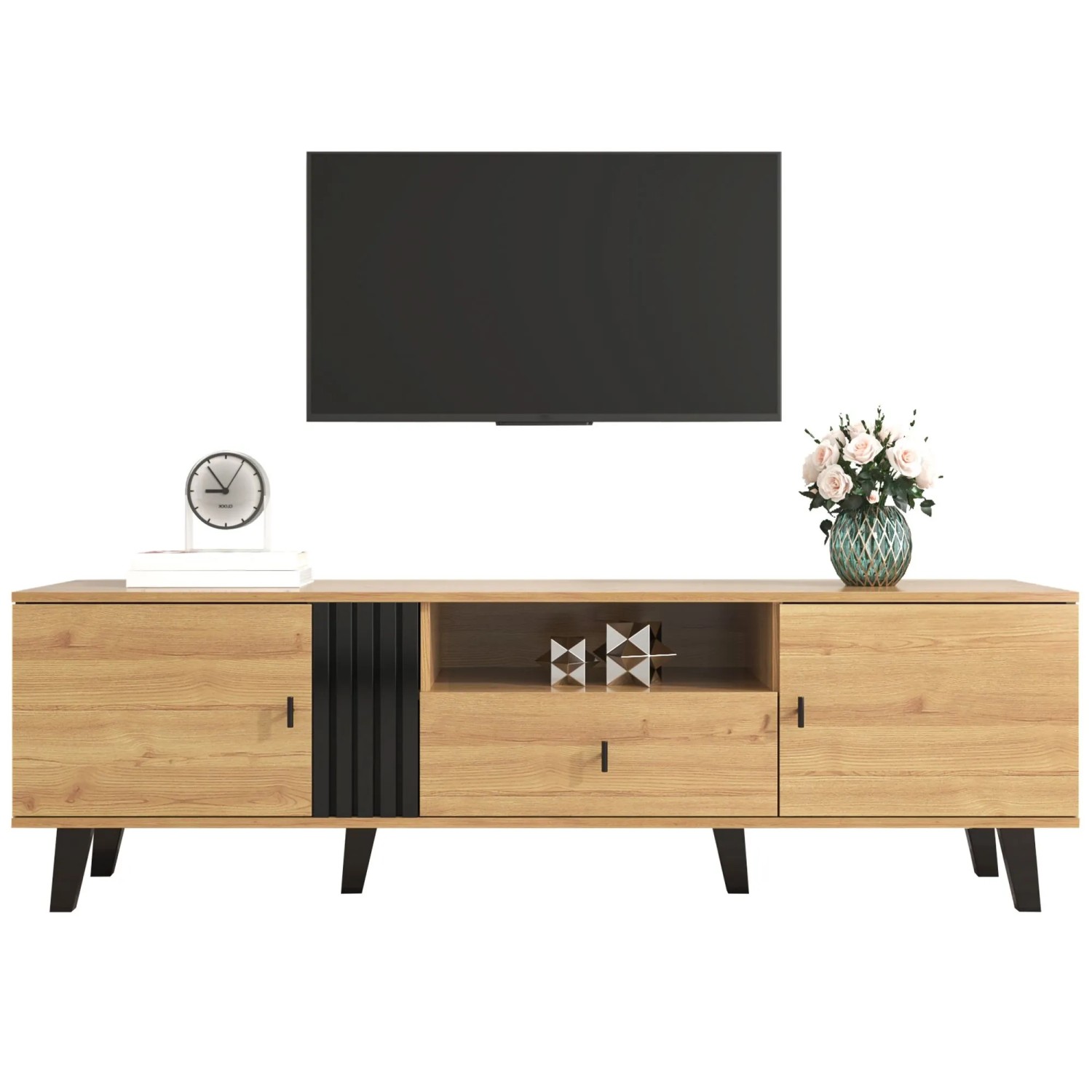 okwish TV Schrank mit Schubladen Stauraum Holzdesign 170x40x50.5cm Natur Schwarz_9
