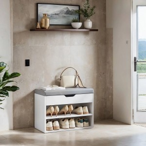 Weiße Songmics Schuhbank Custos mit Kissen und 3 Ebenen für Flur und Garderobe.