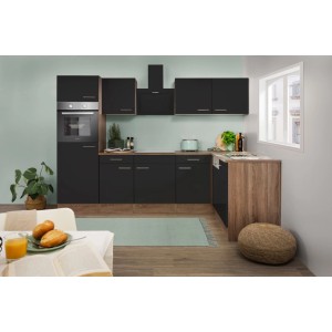 Respekta Winkelküche, 280 cm, Schwarz Seidenglanz/Eiche York Nachbildung, mit E-Geräten.