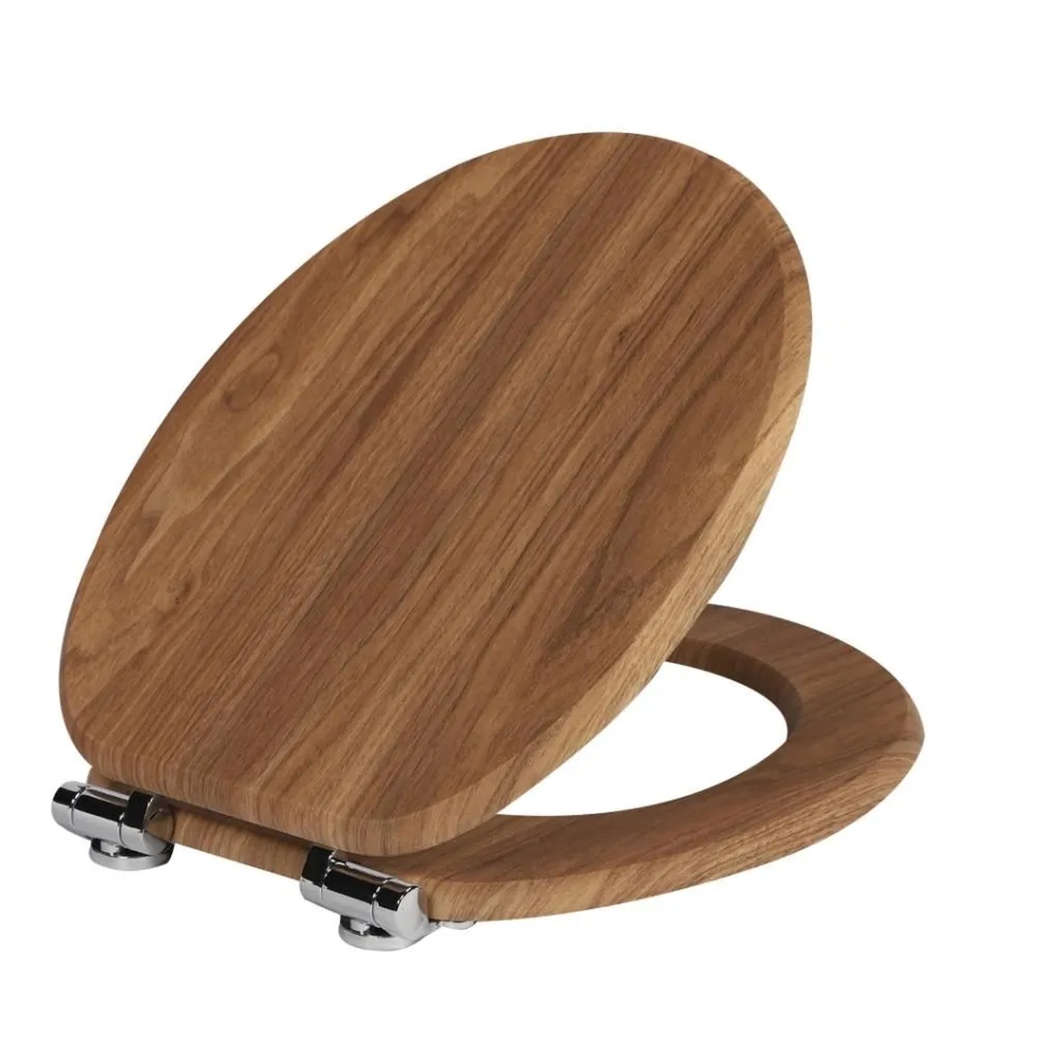 Sinobath WC-Sitz in Holzmaserung mit Absenkautomatik und glänzenden Metallscharnieren. Robust, oval.