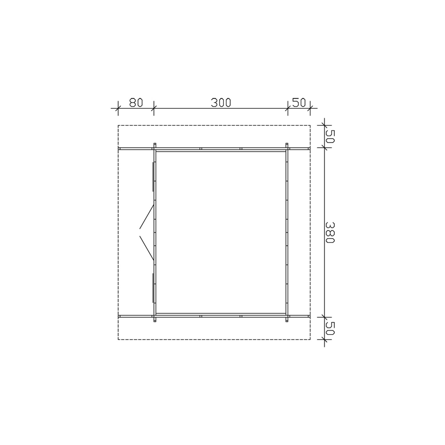 Grundriss Skan Holz Gartenhaus Davos 1 Natur, 380x300 cm, mit Maßangaben.