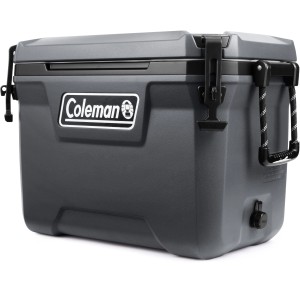 Graue Coleman Kühlbox Convoy 55qt mit Tragegriffen und Verschluss.