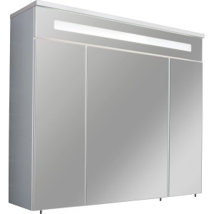 Fackelmann Spiegelschrank Kara, weiß, 80 cm breit, mit drei Spiegeltüren und integrierter Beleuchtung.