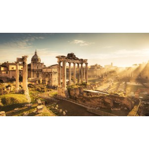 Vlies Fototapete Forum Romanum (500x280 cm) mit Ruinen und Säulen bei Sonnenaufgang.