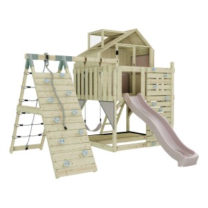 PolarPlay Kinderschaukel Anika Altrosa mit Rutsche, Kletterwand und Spielhaus aus Holz.