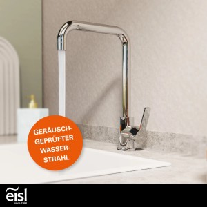 EISL Spültischarmatur FUTURA Chrom, Einhebelmischer mit eckigem Auslauf, Wasser fließt in Spüle. Geräusch-geprüfter Wasserstrahl.