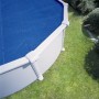 Runder Pool mit blauer Summer Fun Solarfolie als Abdeckung im Garten.